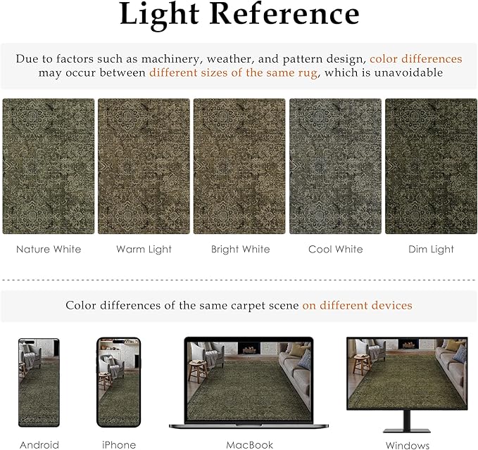 Vintage Area Rug 9x12 Washable Olive Brown Living Room Carpet Large Indoor Non Slip Bedroom Low Pile Kitchen Distressed Retro Accent Throw Rug for Dining Room