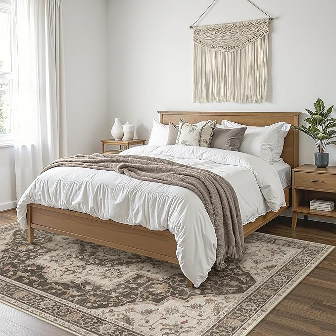 GENIMO 8x10 Area Rugs for Living Room, Machine Washable Non Slip Vintage Retro Rugs, Low Pile Lightweight Chenille Print Rug for Bedroom, Dining Room, Home Office, Ebony Taupe