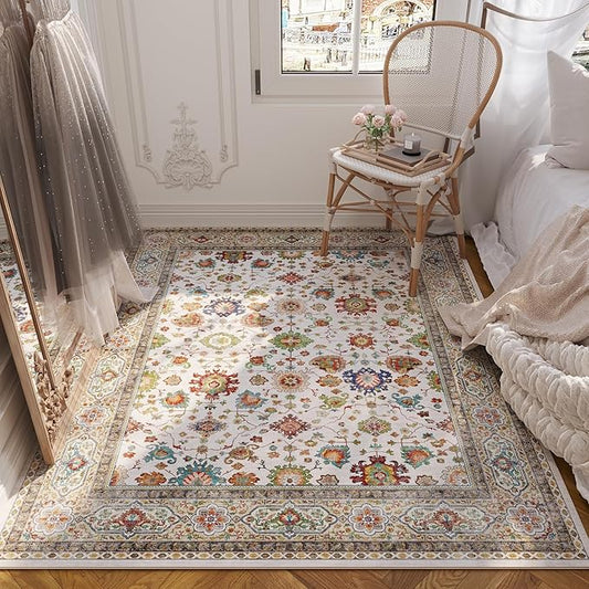 Bedroom Rug 3x5 Rug Washable Area Rug Non Slip Low Pile Boho Small Carpet for Bedroom, Bedside, Kitchen, Entryway, Kids Room, Office, College Dorm Essentials for Girls (Colorful)