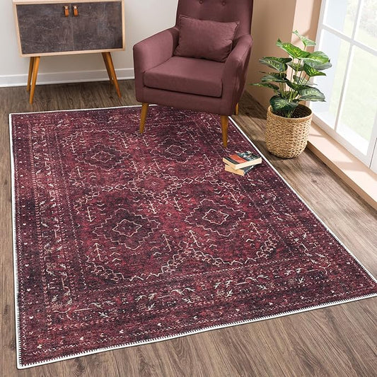 Bloom Rugs Washable Non-Slip 9' x 12' Rug - Dark Red Traditional Bordered Area Rug for Living Room, Bedroom, Dining Room, and Kitchen - Exact Size: 9' x 12'