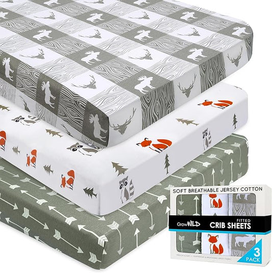 Fitted Unisex Crib Sheets (3 Pack) by GROW WILD - Jersey Knit Cotton Crib Sheets for Boys or Girls, 52” x 28” x 9” Crib Bedding Set (Forest Fun)