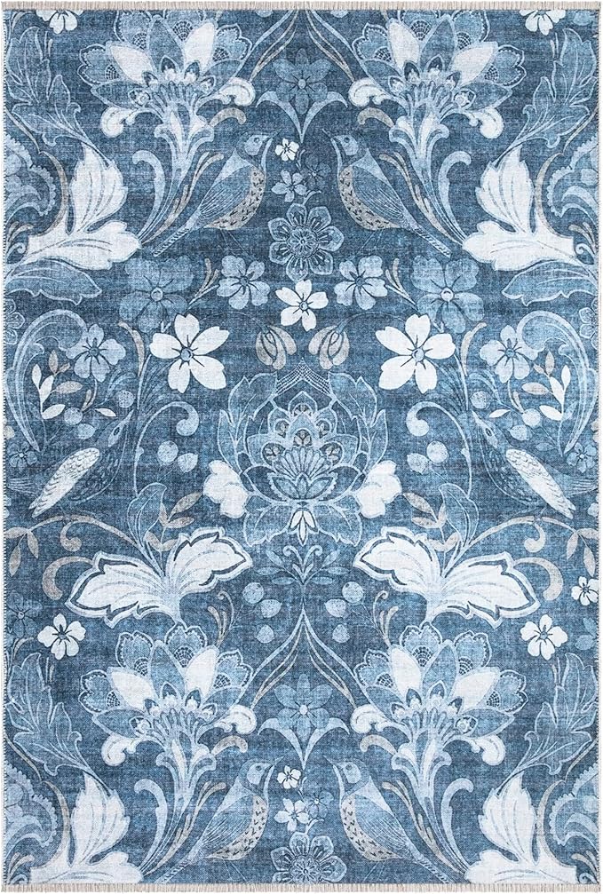 Bloom Rugs Caria Washable Non-Slip 9x12 Rug - Blue/Ivory Floral Area Rug for Living Room, Bedroom, Dining Room, and Kitchen - Exact Size: 9' x 12'