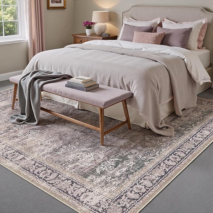 8x10 Purple Area Rug for Living Room Washable Vintage Distressed Carpet Large Bedroom Low Pile Non Slip Indoor Soft Retro Throw Accent Rug Office Kitchen Bathroom Dining Room