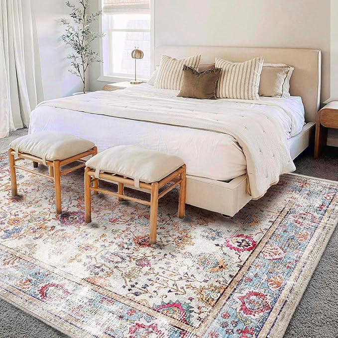 5'x7' Washable Vintage Area Rug Traditional Floor Cover Foldable Kitchen Accent Thin Rug Indoor Distressed Non Slip Carpet Floral Print Mat Bedroom Living Room Bathroom