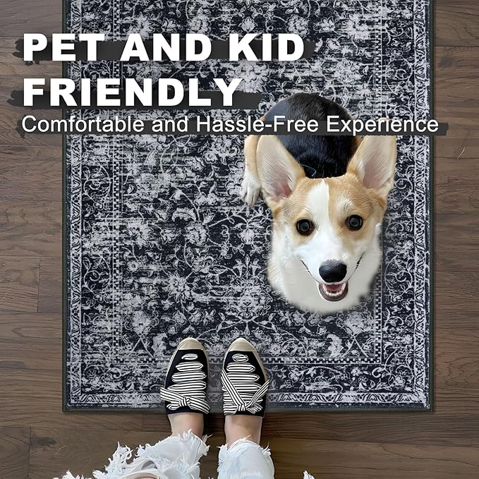 KILOCOCO Hallway Runner 2x8 Rug Runner Printed Vintage Floral Washable Kitchen Runners Non-Slip Rubber Backed Runners for Hallways Distressed Thin Soft Rugs for Entryway Laundry Room, Black/White