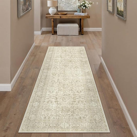 Beige Runner Rug 2x6 Vintage Area Carpet Hallway Long Indoor Kitchen Washable Living Room Low Pile Traditional Distressed Retro Accent Throw Rug Non Slip Laundry Bathroom Office