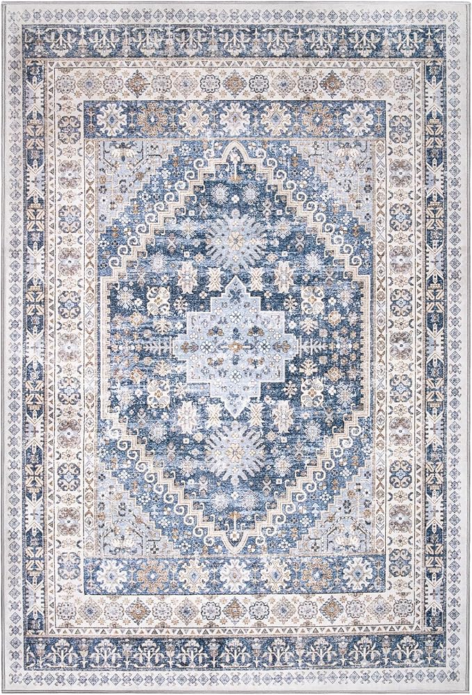 zesthome 3x5 Rug Ultra Soft Washable Rug, Non Slip Area Rug Indoor Entrance, Stain Resistant Rugs for Living Room Bedroom, Vintage Home Decor Area Rugs (Blue/Beige,3'x5')