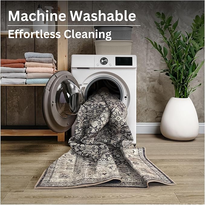 Bloom Rugs Washable Non-Slip 12 ft Runner - Charcoal/Beige Traditional Bordered Runner for Entryway, Hallway, Bathroom, and Kitchen - Exact Size: 2.5' x 12'