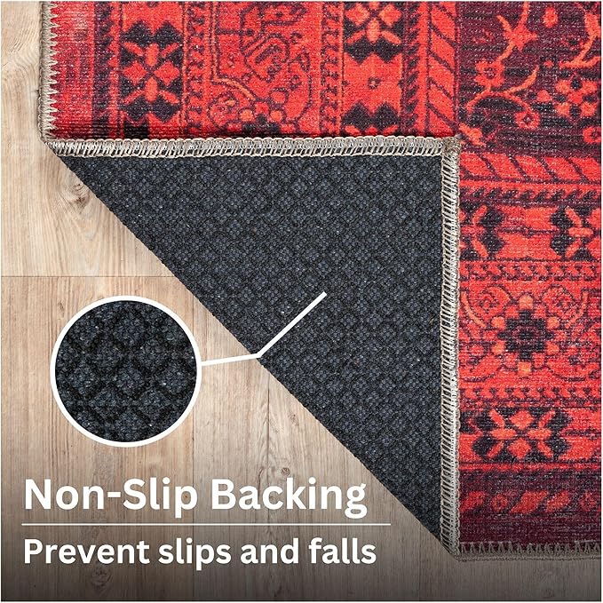 Bloom Rugs Washable Non-Slip 7 ft Runner - Red Traditional Bordered Runner for Entryway, Hallway, Bathroom, and Kitchen - Exact Size: 2.5' x 7'
