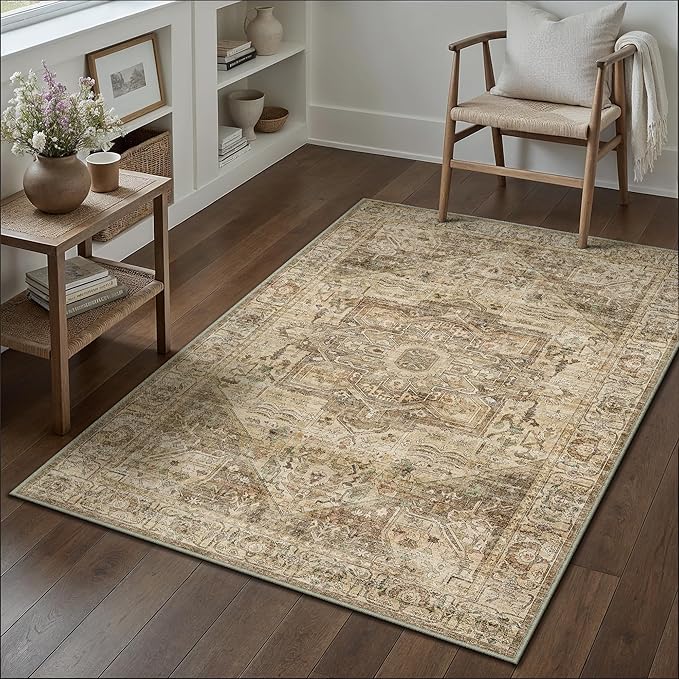 Brown Multi Area Rug 3x5 Vintage Entryway Door Mat Office Washable Distressed Kitchen Carpet Non Slip Soft Indoor Traditional Medallion Retro Accent Throw Rug for Bedroom Dining Living Room