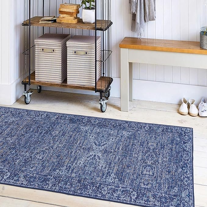 ReaLife Rugs Machine Washable Area Rug Runner - Living Room Bedroom Bathroom Kitchen Entryway Office - Padded Low Pile Stain Resistant Premium - Boho Vintage Traditional - Lyle - Blue 2'6" x 8'