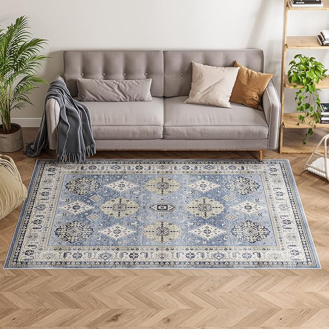 Dripex Vintage Washable Area Rug - 4x6 Distressed Rugs for Living Room Bedroom Oriental Medallion Floral Print Carpet Low-Pile Indoor Soft Non-Slip Accent Rug Farmhouse Office Home Decor