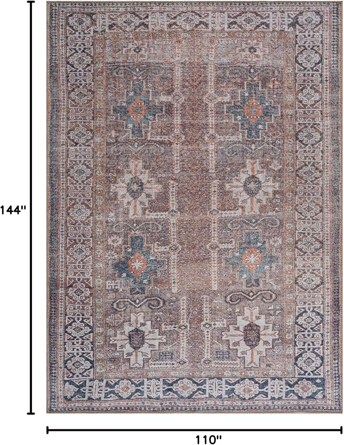 Bloom Rugs Washable 9' x 12' Rug - Brown/Blue/Orange Traditional Area Rug for Living Room, Bedroom, Dining Room, and Kitchen - Exact Size: 9' x 12'