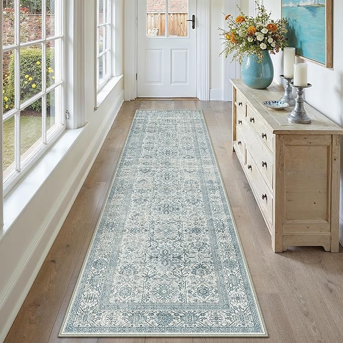 Blue Runner Rug 3x8 Vintage Area Carpet Hallway Long Indoor Kitchen Washable Living Room Low Pile Traditional Distressed Retro Accent Throw Rug Non Slip Laundry Bathroom Office Dining Room