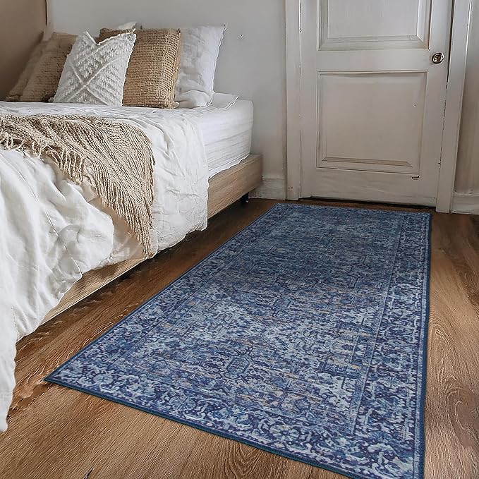 ReaLife Rugs Machine Washable Area Rug Runner - Living Room Bedroom Bathroom Kitchen Entryway Office - Padded Low Pile Stain Resistant Premium - Boho Vintage Traditional - Lyle - Blue 2'6" x 8'