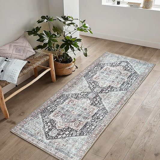 Bloom Rugs Washable Non-Slip 10 ft Runner - Charcoal/Brown Traditional Medallion Runner for Entryway, Hallway, Bathroom, and Kitchen - Exact Size: 2.5' x 10'