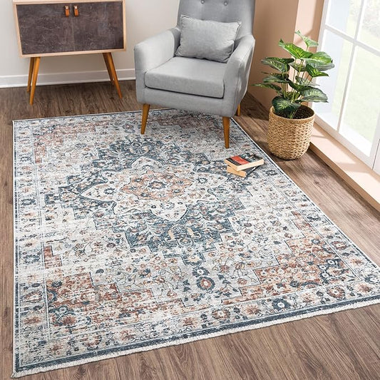 Bloom Rugs Caria Washable Non-Slip 4x6 Rug - Terracotta/Teal Traditional Area Rug for Living Room, Bedroom, Dining Room, and Kitchen - Exact Size: 4' x 6'