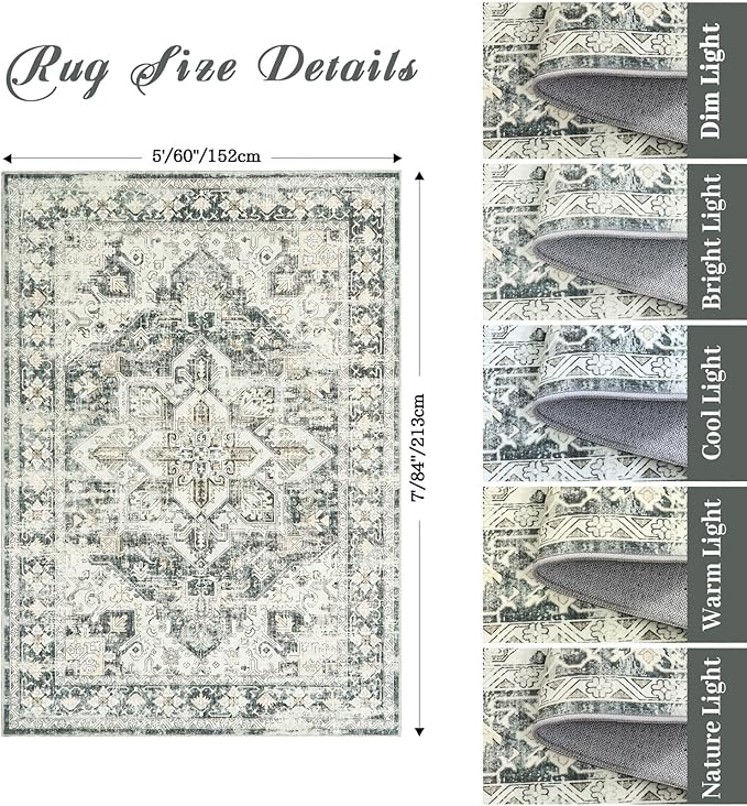 zesthome 5x7 Washable Rug-Stain Resistant Area Rugs for Living Room, Ultra-Thin Vintage Rugs, Non-Slip Backing Rug, Low Pile Large Area Rug, Boho Home Decor
