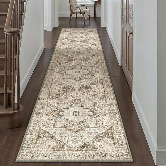Brown Hallway Runner Rug 3x10 Vintage Washable Distressed Area Carpet Kitchen Indoor Non Slip Long Traditional Medallion Retro Accent Throw Rug for Bedroom Laundry Office Dining Living Room