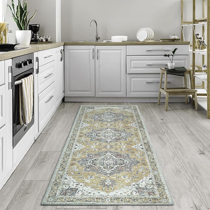 Bloom Rugs Washable Non-Slip 7 ft Runner - Yellow Traditional Medallion Runner for Entryway, Hallway, Bathroom, and Kitchen - Exact Size: 2.5' x 7'