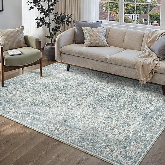 Vintage Area Rug 4x6 Blue Entryway Office Washable Carpet Non Slip Bedroom Indoor Living Room Door Mat Low Pile Traditional Distressed Retro Accent Rug for Dining Room Bathroom Kitchen