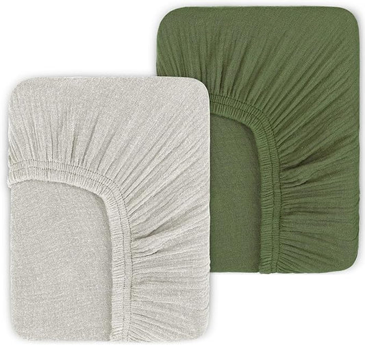 Muslin Mini Crib Sheets for Girls & Boys-2 Pack 24"x 38" Soft Baby Mattress Sheets Fitted-No Slip Neutral Toddler Cotton Bedding-Boho Nursery Décor Olive Green & Beige