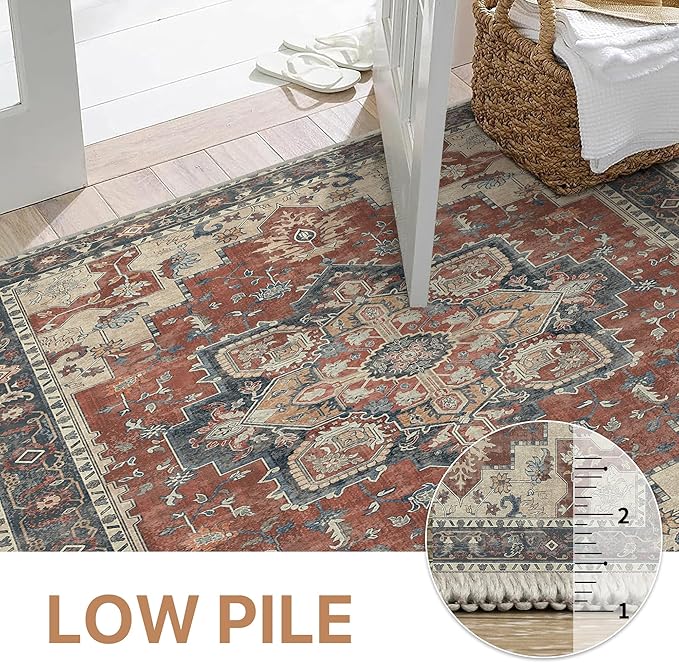 GENIMO 10x14 Area Rugs for Living Room, Machine Washable Non Slip Vintage Rugs, Low Pile Lightweight Chenille Print Rug for Bedroom, Dining Room, Home Office,Bordeaux