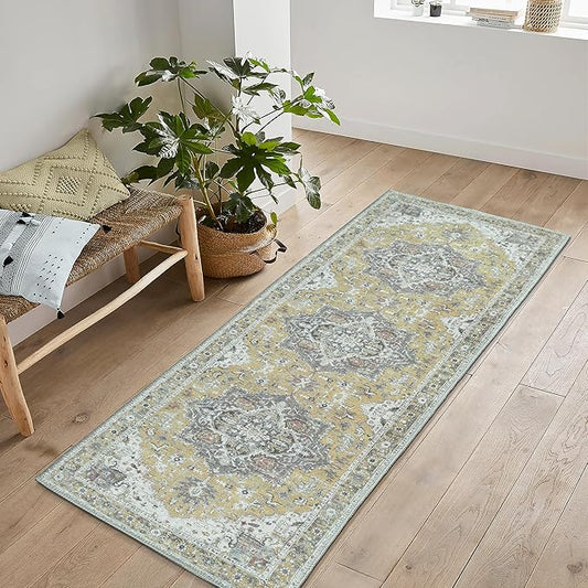 Bloom Rugs Washable Non-Slip 7 ft Runner - Yellow Traditional Medallion Runner for Entryway, Hallway, Bathroom, and Kitchen - Exact Size: 2.5' x 7'
