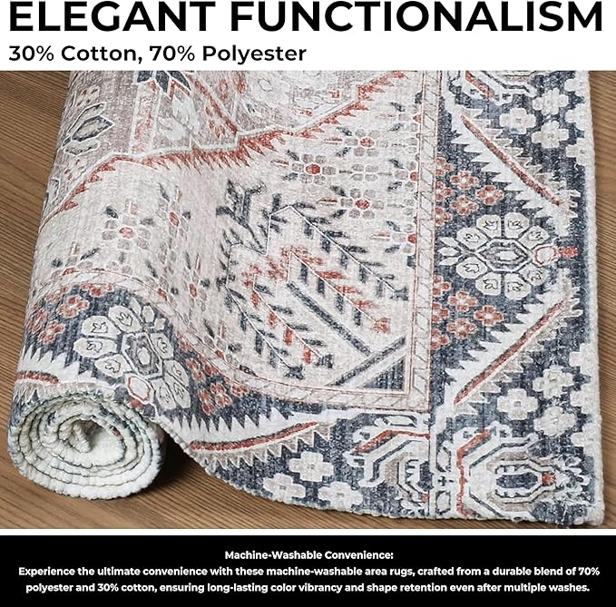 Washable Soft Small Boho Area Rugs,Rags Rug, Printed Carpet Chennile Rugs for Living Room 27x45 inch Beige Grey Multi,Machine Washable Printed Rugs - 30% Cotton, 70% Polyester