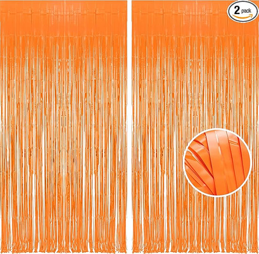 Foil Fringe Curtains Halloweens Decorations - Orange Tinsel Photo Backdrop Party Streamers for St Patricks Day, Easter, Birthdays, Fall, Pumpkin Theme, Thanksgiving, Basketball Party Decorations