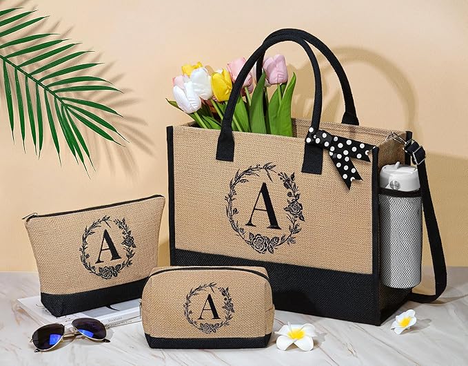 MAYICIVO Personalized Initial Jute Tote Bag & Makeup Bags Set, Large, Jute, Female, Adults, Women, Gift, Spring, Summer