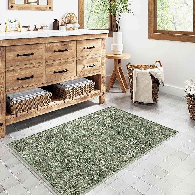 Green Entryway Rug 2x3 Vintage Area Carpet Indoor Kitchen Washable Door Mat Living Room Entrance Small Low Pile Traditional Distressed Retro Accent Throw Rug Non Slip Office Bathroom