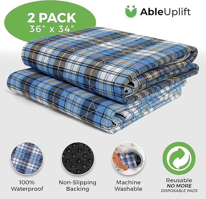 Bed Pads Washable Waterproof, Incontinence Bed Pads for Women and Men, Reusable Waterproof Mattress Protector, Non-Slip, 36" x 34", Blue Plaid, 2 Pack