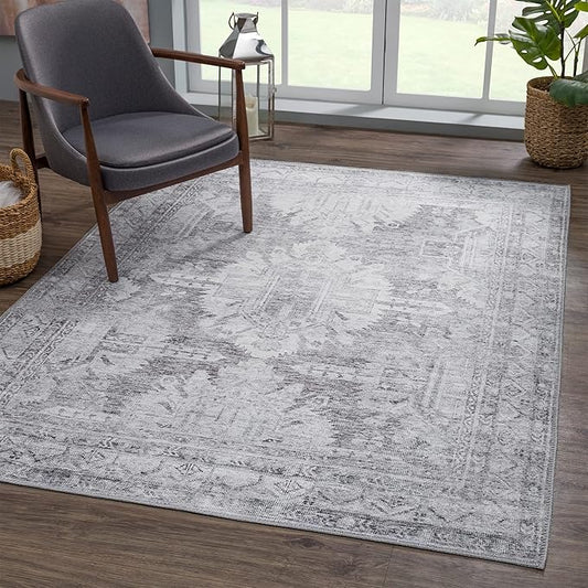 Bloom Rugs Washable 8' x 10' Rug - Ivory/Silver Gray Traditional Area Rug for Living Room, Bedroom, Dining Room, and Kitchen - Exact Size: 8' x 10'