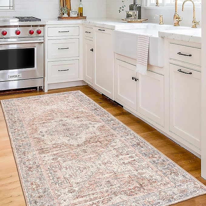 ReaLife Rugs Machine Washable Area Rug - Living Room Bedroom Bathroom Kitchen Entryway Office - Padded Low Pile Stain Resistant Premium - Boho Farmhouse Vintage - Lyle - Gray Ivory Blush 2'6" x 8'