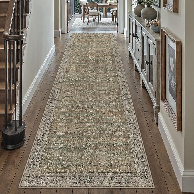 3x8 Brown Area Rug Runners for Hallways Washable Vintage Distressed Carpet Low Pile Non Slip Indoor Retro Soft Long Accent Rug Bedroom Kitchen Bathroom Laundry Dining Living Room