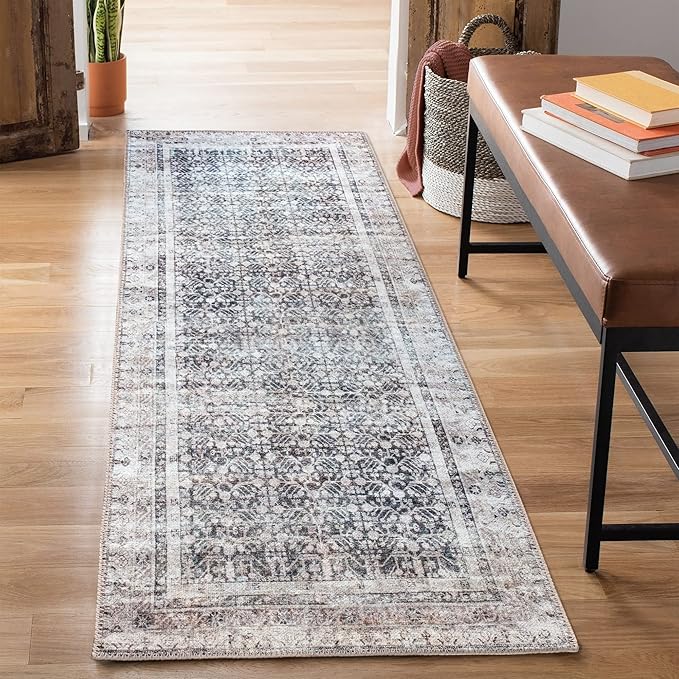 Bloom Rugs Washable Non-Slip 7 ft Runner - Tan/Blue/Green Traditional Runner for Entryway, Hallway, Bathroom, and Kitchen - Exact Size: 2.5' x 7'