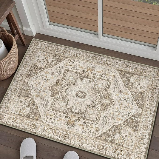Brown Area Rug 2x3 Vintage Entryway Door Mat Washable Distressed Kitchen Carpet Non Slip Soft Indoor Traditional Medallion Retro Accent Throw Rug for Bedroom Office Dining Living Room