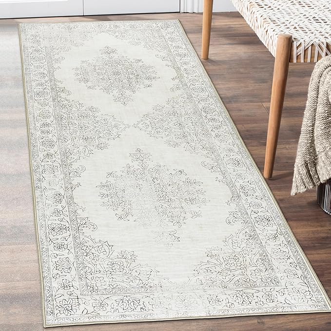 ReaLife Rugs Machine Washable Area Rug Runner - Living Room Bedroom Bathroom Kitchen Entryway Office - Padded Low Pile Stain Resistant Premium - Boho Farmhouse Vintage - Paige - Ivory 2'6" x 8'