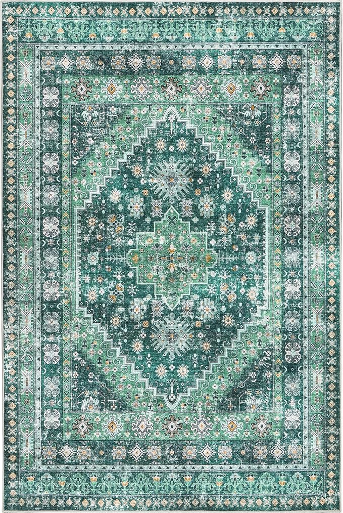 zesthome 8x10 Area Rugs for Living Room,Non-Slip Backing Washable Rugs,Vintage Large Area Rug，Stain Resistant Home Decor Rug(Green/Teal,8'x10')