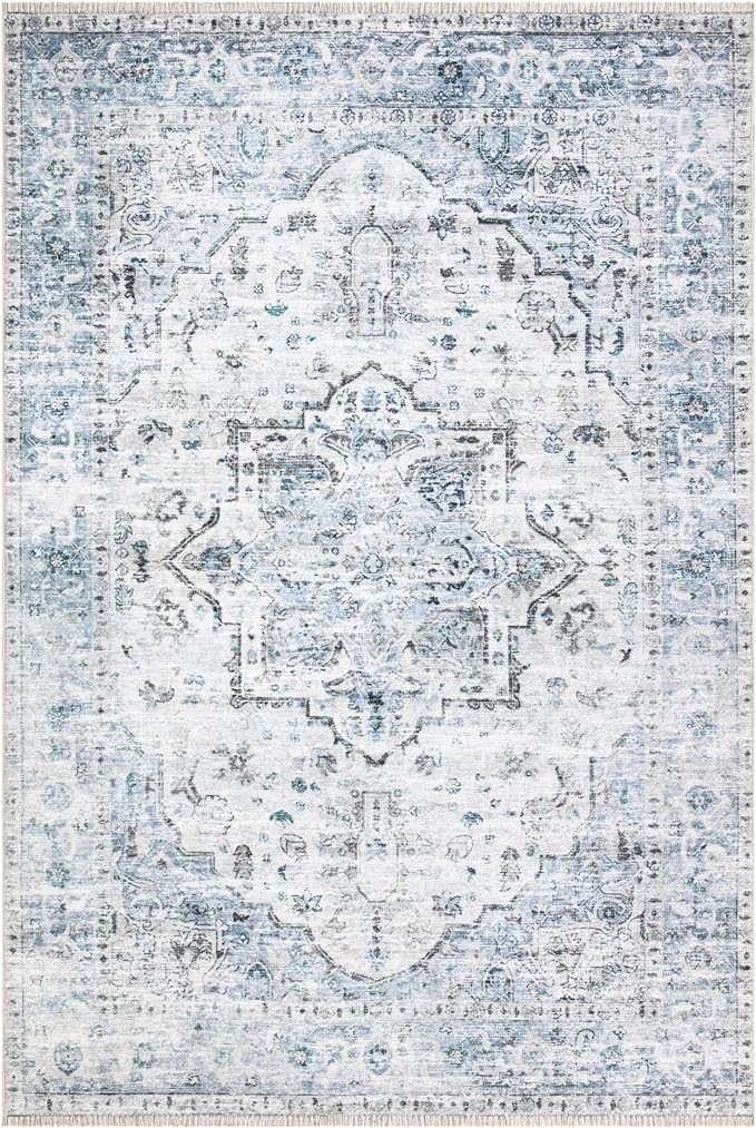 Bloom Rugs Caria Washable Non-Slip 9x12 Rug - Ivory/Blue/Gray Traditional Area Rug for Living Room, Bedroom, Dining Room, and Kitchen - Exact Size: 9' x 12'