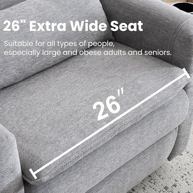 Oversized Swivel Rocker Recliner with Adjustable Headrest, 26" Extra Wide Glider Recliner Nursery Chair with Double Cushion, Chenille Glider Rocking Chair for Living Room,Cup Holder,Grey