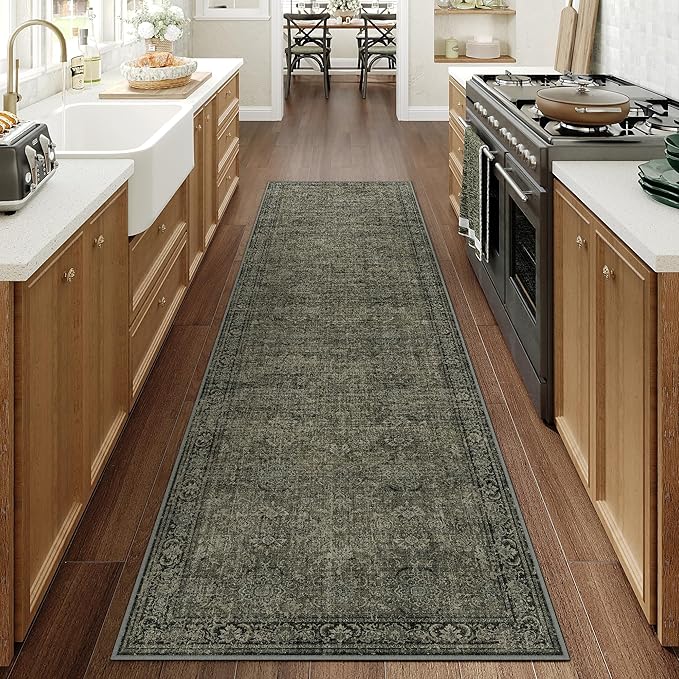 Vintage Runner Rug 2x8 Washable Hallway Carpet Non Slip Long Olive Brown Bedroom Low Pile Kitchen Distressed Retro Accent Throw Rug for Bathroom Dining Laundry Living Room