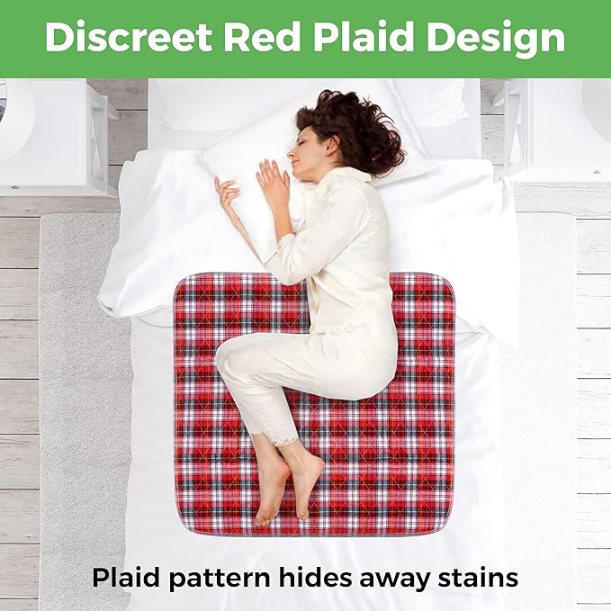 Bed Pads Washable Waterproof, Incontinence Bed Pads for Women and Men, Reusable Waterproof Mattress Protector, Non-Slip, 36" x 34", Red Plaid, 2 Pack