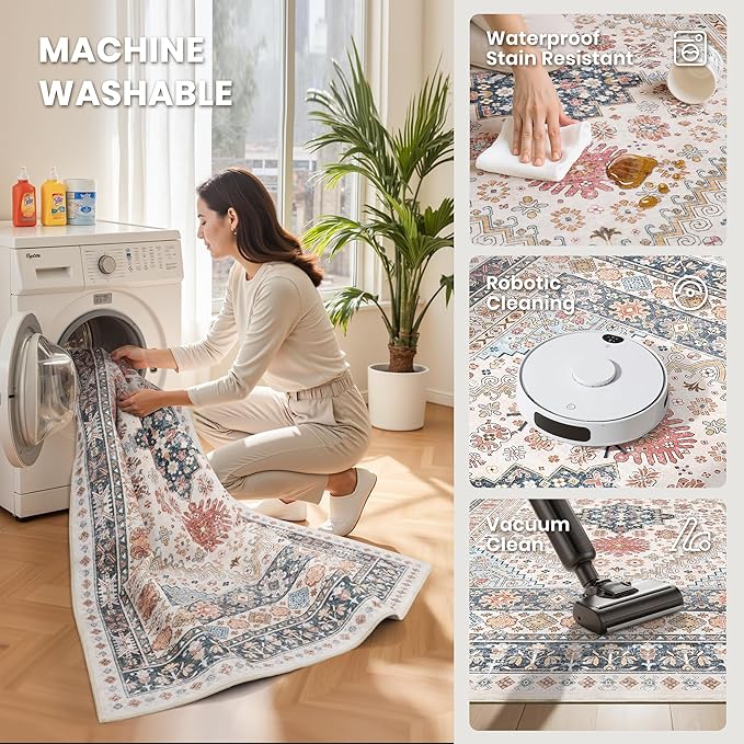 zesthome 5x7 Area Rugs - Ultra-Thin Washble Rug, Stain Resistant Anti Slip Backing Rugs for Living Room,Bedroom, Vintage Home Decor Area Rug (Multi,5'x7')