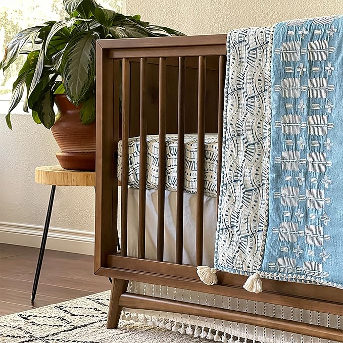 Crane Baby Soft Cotton Crib Mattress Sheet, Fitted Sheet for Cribs and Toddler Beds, Indigo Blue, 28”w x 52”h x 9”d