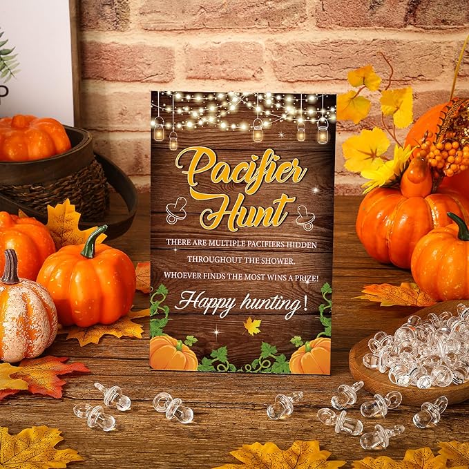 Thyle 51 Pcs Pacifier Hunt Baby Shower Games Include Hunt Sign and 50 Acrylic Pacifiers for Baby Shower Game Decoration Gift Sets Gender Reveal Party Decor(Fall Pumpkin)