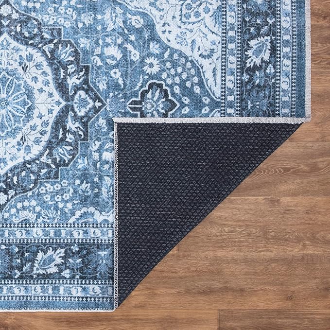 Bloom Rugs Caria Washable Non-Slip 7 ft Runner - Blue Traditional Runner for Entryway, Hallway, Bathroom, and Kitchen - Exact Size: 2'6" x 7'