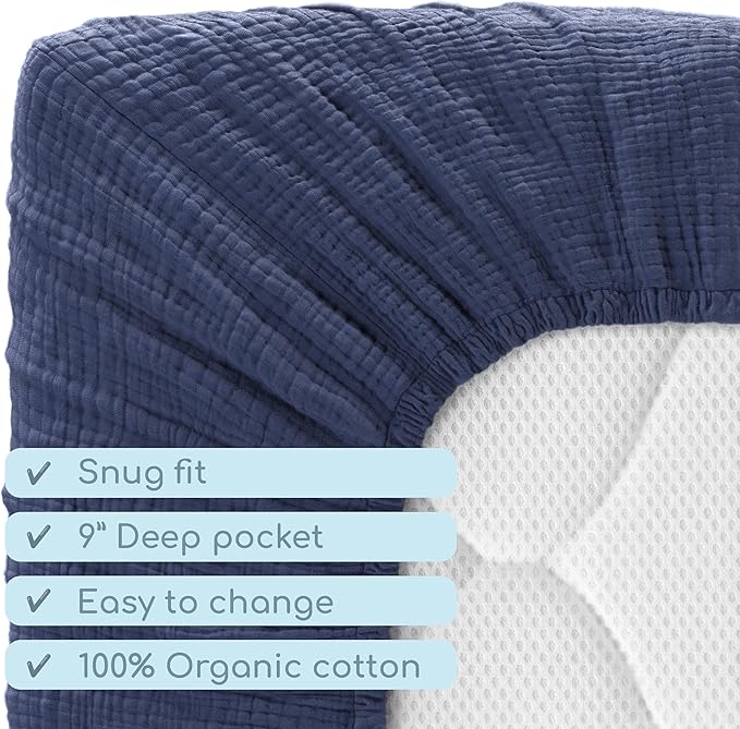 Muslin Crib Sheets, 100% Organic Cotton, Breathable and Ultra-Soft, Standard Crib Sheet Mattress (28"x 52") for Girls and Boys, Neutral Fitted Baby Crib Sheet (Navy)