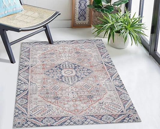 Washable Soft Small Boho Area Rugs,Rags Rug, Printed Carpet Chennile Rugs for Living Room 27x45 inch Beige Grey Multi,Machine Washable Printed Rugs - 30% Cotton, 70% Polyester